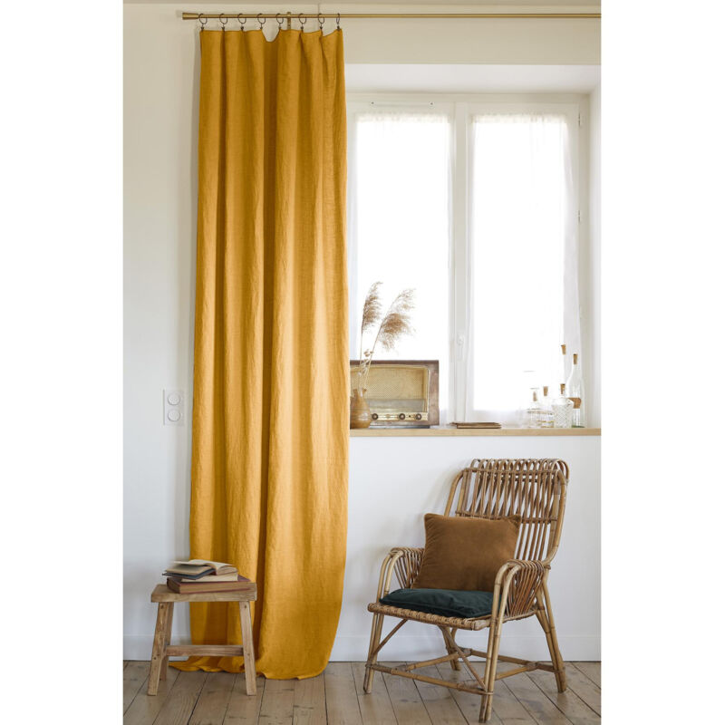 Rideau ajustable + 8 anneaux pince 140 x 270 cm lin lavé français luxe soline Jaune