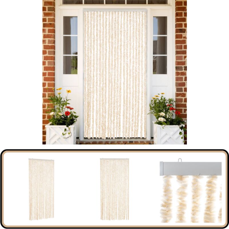 Rideau anti-mouches beige et blanc 90x220 cm chenille - Rideau Anti-moustique - Rideau Insecte - Protection Contre Les Insectes - Intimité
