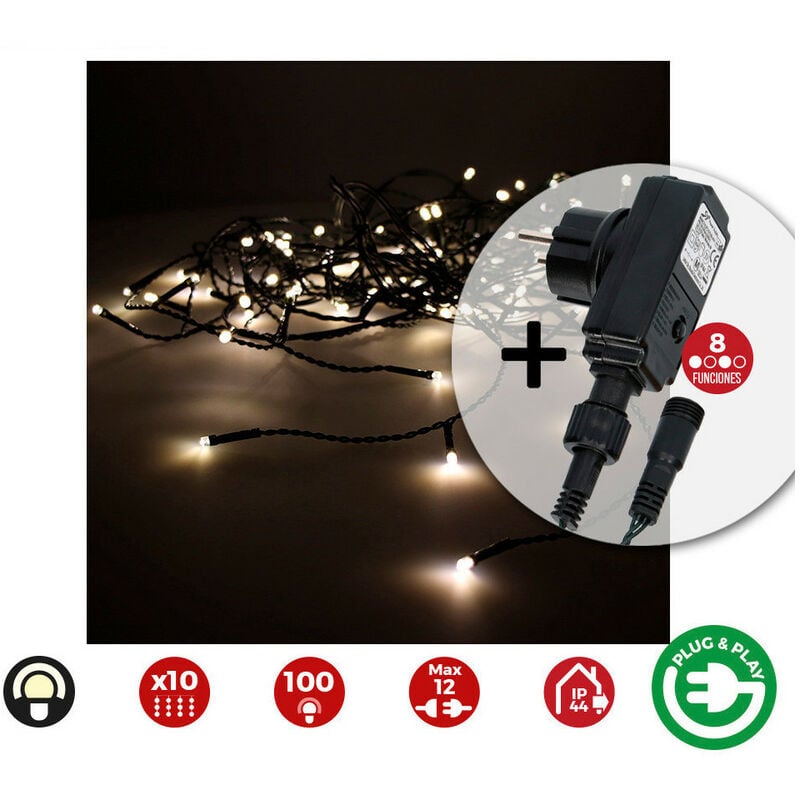 EDM - Rideau Avec Programmeur Easy-Connect 2x1m 10 Bandes 100 Leds Blanc Chaleureux