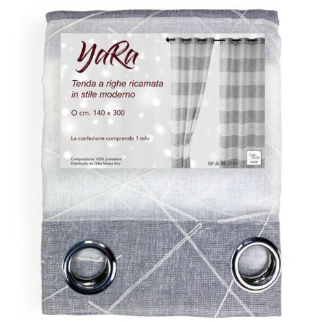 Rideau brodé Yara Gris - Panneau Moderne 140x300 cm Polyester - Effet lin, Transparent, Oeillets en métal