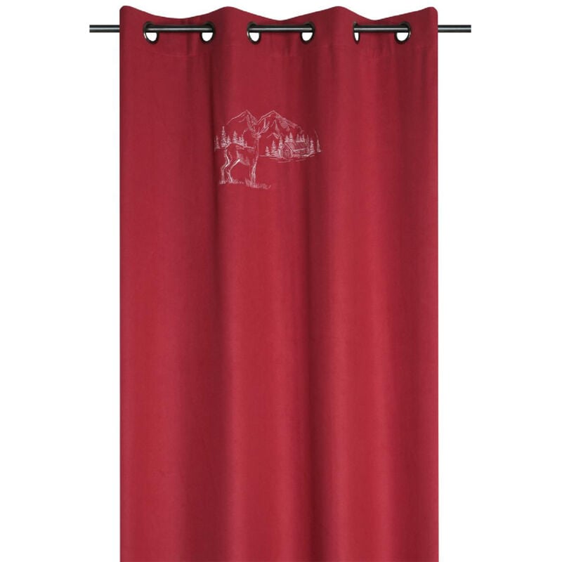 Rideau cerf esprit chalet - Effet laine brodé Rouge 135x260 cm