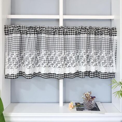 Rideau court pour cuisine et chambre, rideau de café à carreaux noirs et blancs avec fourreau pour tringle, 1 demi-rideau (52 cm)