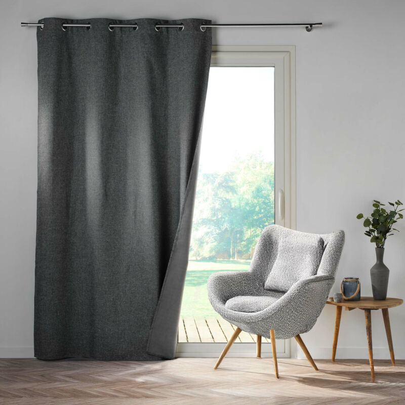 Rideau a oeillets 140 x 260 cm 100% occultant/chambray uni Crepuscule Anthracite