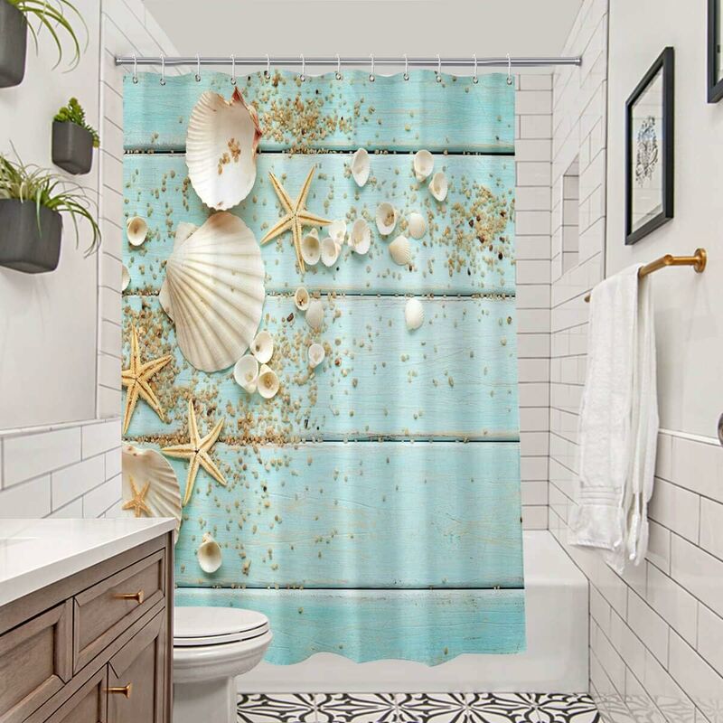 Ahlsen Rideau de bain en tissu de plage rideau de bain de 72 pouces de long rideau de bain côtier avec crochet coquillages étoiles de mer, ensemble