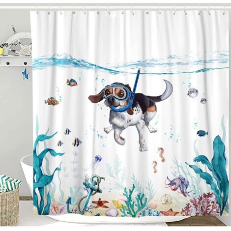 Rideau de Bain Mignon Chien de Plongée Animal Marin Rideau de Douche Polyester 180x180cm étanche Durable Moderne Salle de Bain Accessoires Décoratifs avec 12 Crochets