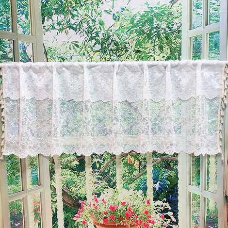 Rideau de Cuisine 175*45cm Court pour Petit Fenêtre Lin Coton Transparent Blanc Uni avec Pompon Rideau Brise-bise Rideaux à Disques Panneaux Cantonnières Demi Passe-Tringle pour Bistro Café