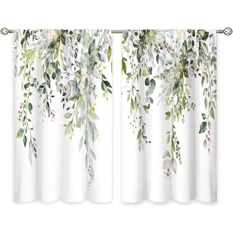 Rideau de cuisine bohème motif feuille d'eucalyptus, voilage champêtre pour petite fenêtre