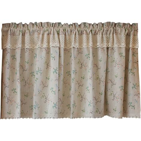 Rideau de Cuisine Court pour Petit Fenêtre Coton Lin Floral Beige Opaque Rétro Rustique Maison de Campagne Rideau Brise-bise Rideaux à Disques Panneaux de Rideaux Cantonnières Demi Rideau140X60cm，T-Au