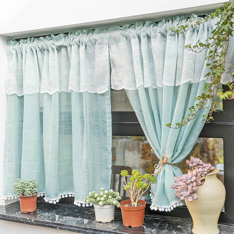 Rideau de Cuisine Court pour Petit Fenêtre Coton Rustique Style Méditerranéen Tissu Rayé Bleu Blanc Dentelle Broderie Rideau Brise-bise Rideaux à Disques Cantonnières Demi Passe-Tringle