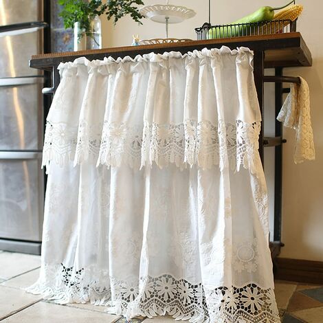 Rideau de Cuisine Court pour Petit Fenêtre Dentelle Coton Blanc Broderie Florale Texturé Rideau Brise-bise Rideaux à étages Rideaux à Disques 100cm (Largeur) 85cm (Hauteur)