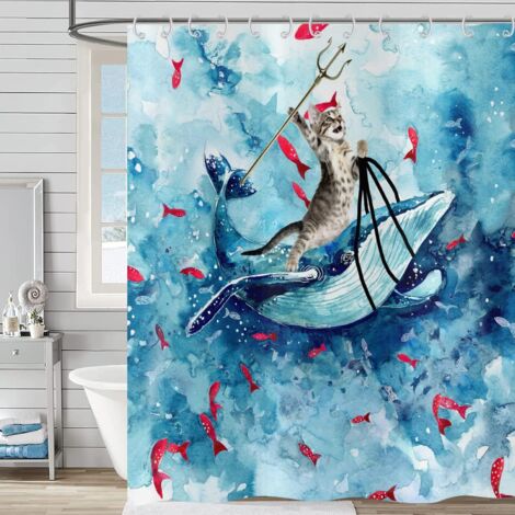 Rideau de douche - 1 unité - Polyester - Imperméable - Chat et baleine - Salle de bain - 180x200cm