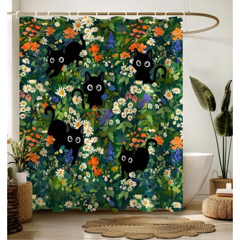 Rideau De Douche - 100 % Polyester Imperméable - 180 x 180 cm - Pour Baignoire Standard - Motif Chat Et Fleurs - 1 Pièce