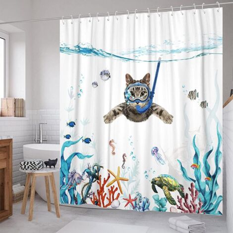 Rideau de douche 180 x 180 cm avec chat plongeur et motif océan, imperméable, chauve-souris