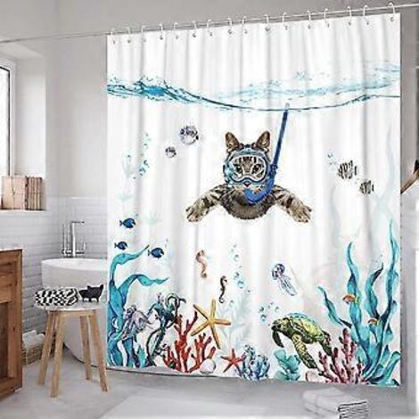 Rideau de douche 180 x 180 cm, motif chat plongeur et océan, imperméable, lavable, séchage rapide, en polyester, accessoire de salle de bain avec 12 crochets.