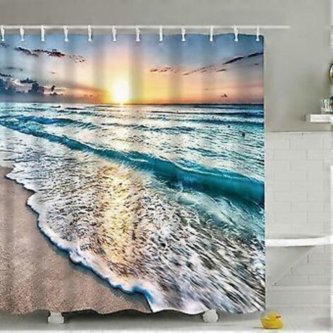 Rideau de douche 180 x 180 cm, motif marin, imperméable et résistant à la moisissure, imprimé lever de soleil sur la plage.