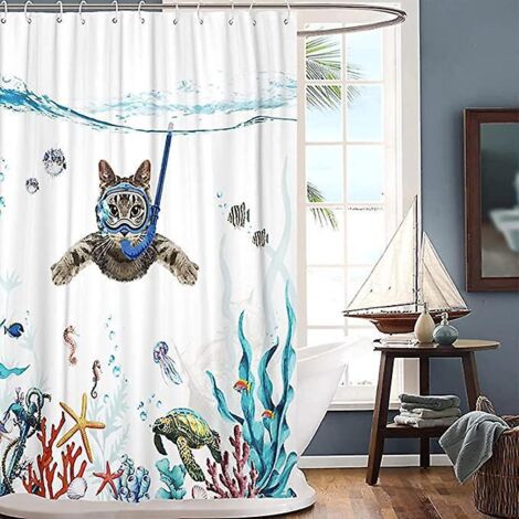 rideau De Douche 180 X 180 Cm Plonge Chat Ocan Imprim Impermable Rideau De Bain Lavable Anti Tissu Polyester  Schage Rapide Accessoire De Salle De