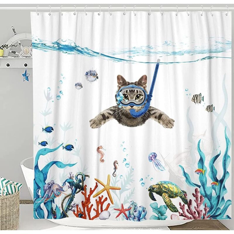 Rideau de Douche 180 x 180 cm Plongée Chat Océan Imprimé Imperméable Rideau de Bain Lavable Anti Tissu Polyester à Séchage Rapide Accessoire de Salle