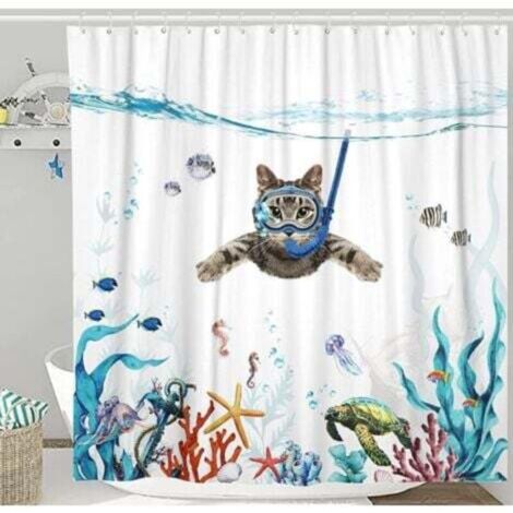 Rideau de Douche 180 x 180 cm Plongée Chat Océan Imprimé Imperméable Rideau de Bain Lavable Anti Tissu Polyester à Séchage Rapide Accessoire de Salle de Bain