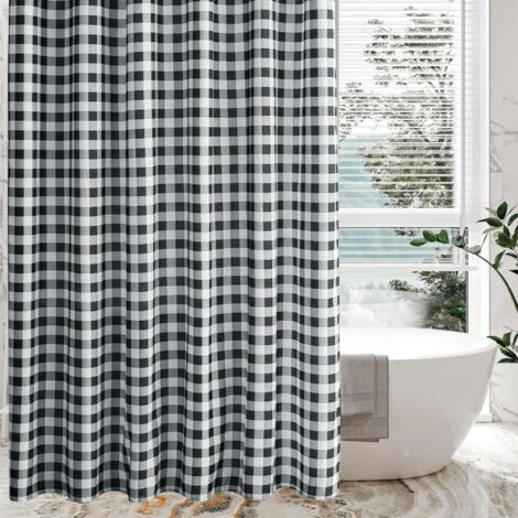 Rideau De Douche - 180 x 180 cm - Tissu Texturé Lin Polyester - Motif Carré Noir Et Blanc - 12 Oeillets - Pour Salle De Bain