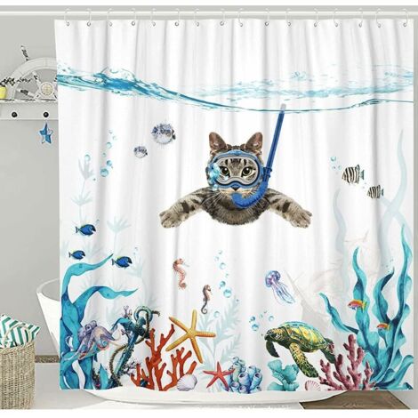 Rideau de Douche 180 x 200 cm Plongée Chat Océan Imprimé Imperméable Rideau de Bain Lavable Anti Tissu Polyester à Séchage Rapide