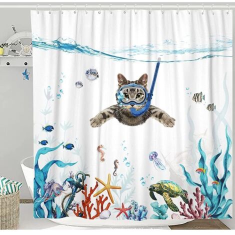 Rideau de Douche 180 x 200 cm Plongée Chat Océan Imprimé Imperméable Rideau de Bain Lavable Anti Tissu Polyester à Séchage Rapide Accessoire de Salle de Bain avec 12 Crochets