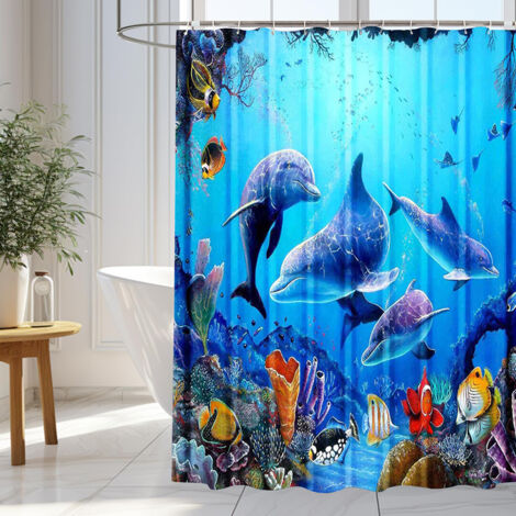 Rideau de douche 180 x 200 cm, rideau de douche imperméable, rideau de douche à motif dauphin bleu, rideau de salle de bain en polyester, rideau de salle de bain lavable, rideau de douche résistant à