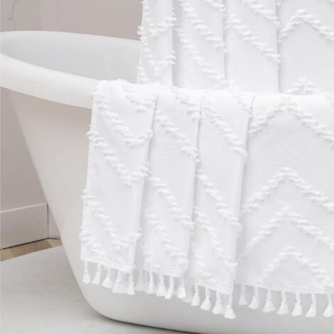 Rideau De Douche - 180x180 cm - Polyester Texturé Chevron - À Franges - Style Boho Moderne