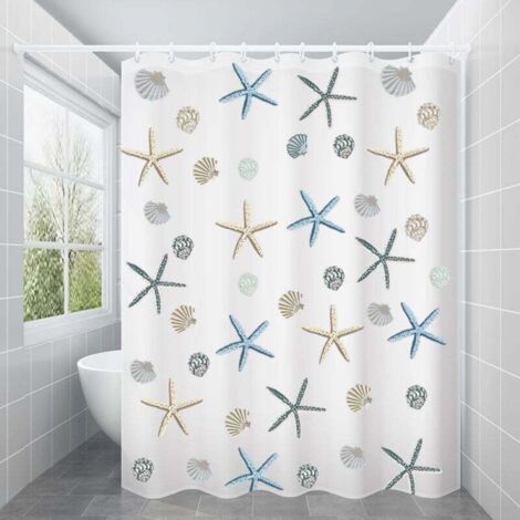 Rideau de douche 180x180 cm, rideau de douche en Peva imperméable et anti-moisissure, avec 12 anneaux de rideau, motif étoile de mer
