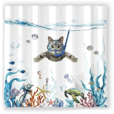Rideau de douche, 180x180 cm, textile avec motif de chat nageur, résistant à la moisissure, ourlet lesté, résistant à l'eau, lavable, tissu polyester