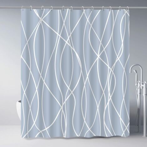 Rideau de Douche 180X180 Store Douche Blanc Rayé Tissu pour Baignoire Impermeable Rideaux Salle de Bain Shower Curtain Blanc avec 12 Crochet