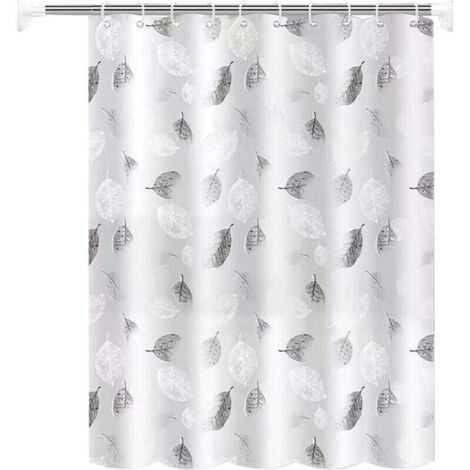 Rideau de Douche 180x200cm Gris Anti Moisissure Blanc la Feuille Lavable Rideau avec 12 Crochets à Rideaux