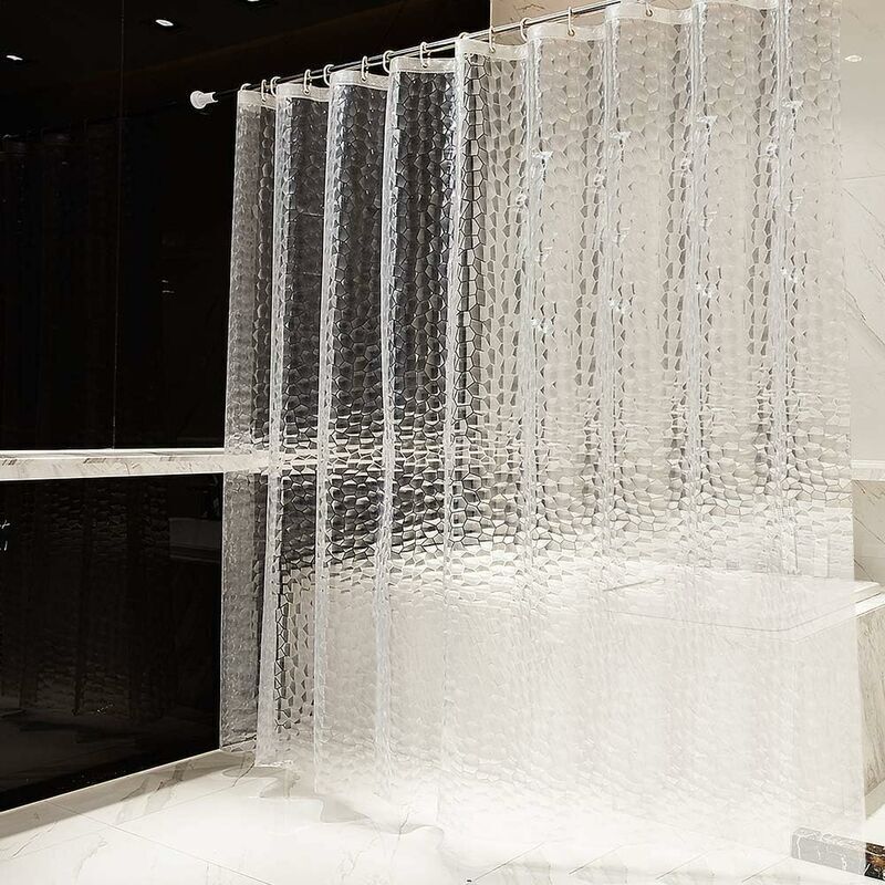 Rideau de Douche 240 x 200 cm 100% eva Semi-Transparent Imperméable Anti-moisissure sans pvc 0.2mm D'épaisseur 3D Eau Cube avec 16 Anneaux Salle de