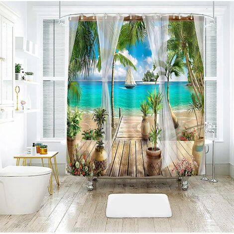 Rideau de douche 3D motif jardin et bord de mer, en polyester imperméable et résistant à la moisissure, lavable en machine - 180 x 180 cm