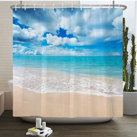 Rideau de douche 3D motif plage, rideau de salle de bain mer Méditerranée, tissu imperméable, dimensions : 180 cm x 240 cm.