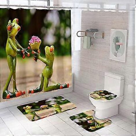 Rideau de douche 4 pièces à motifs animaux avec tapis antidérapant (grenouille), couvercle de toilette et tapis de bain, rideau de douche vintage imperméable avec 12 crochets