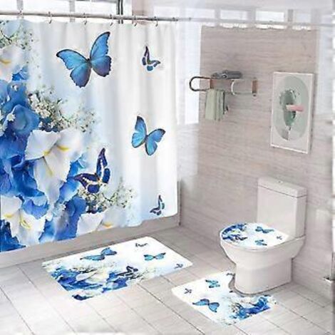 Rideau de douche 4 pièces à motifs animaux avec tapis antidérapant (papillon), couvercle de toilette et tapis de bain, rideau de douche vintage imperméable avec 12 crochets