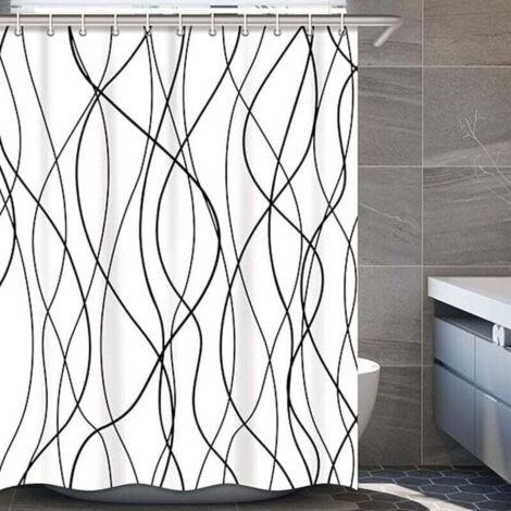 Rideau De Douche 78 Pouces Rayures Noires Et Blanches Tissu Ligne Ondulée Ourlet Lesté 12 Crochets