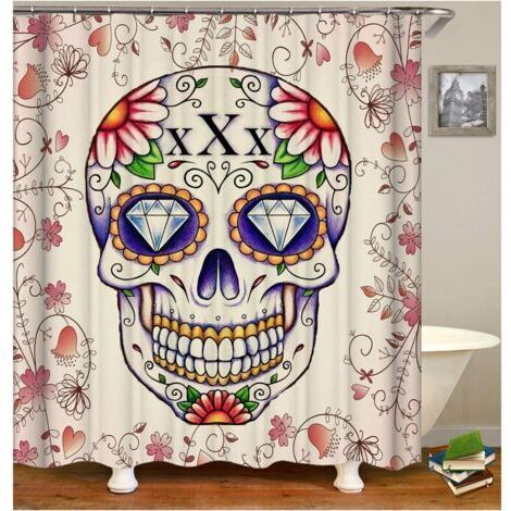 Rideau de Douche 90x180CM 3D Imprimé Anti Moisissure Impermeable Fleur Crâne Tête de Mort pour Baignoire et Salle de Bains