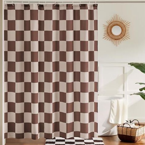 Rideau de douche à carreaux kaki beige pour salle de bain, joli rideau de douche rétro à carreaux vintage esthétique, rideau de bain en tissu lavable 183 x 183 cm