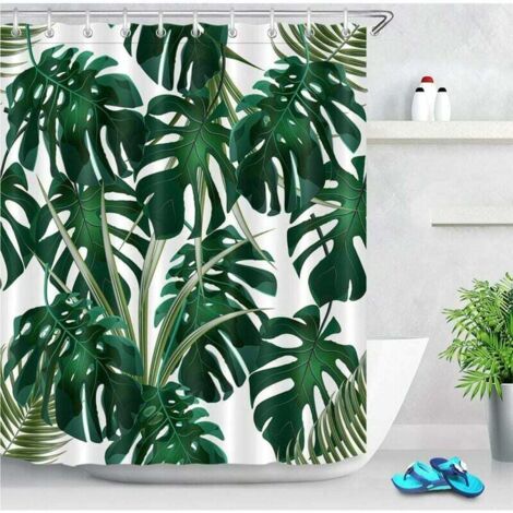 Rideau de douche à motif de feuilles de palmier tropicales (150 x 180 cm), avec 12 crochets. Tissu polyester résistant à l'eau, anti-moisissure et lavable, 12 pièces.