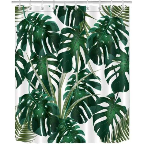 Rideau de douche à motif de feuilles de palmier tropicales (180 x 180 cm), vert monstera, fond blanc, en polyester lavable et résistant à l'eau et à la moisissure, avec 12 crochets. 12 crochets.
