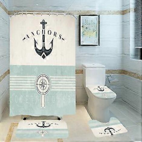 Rideau de douche à motif marin vintage, ancre marine, ensemble de décoration de salle de bain en tissu avec crochets, 180 cm x 180 cm, vert d'eau, noir et beige