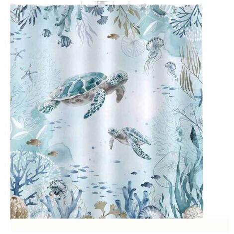Rideau de douche à motif tortue, bleu océan et algues, en polyester, anti-moisissure, imperméable et lavable, 180 x 180 cm