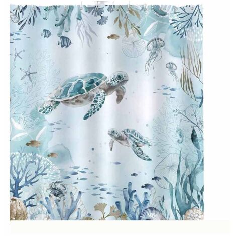 Rideau de douche à motif tortue, bleu océan et algues, en polyester, anti-moisissure, imperméable et lavable, 180 x 180 cm
