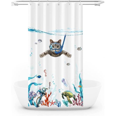 Rideau de douche amusant à motif chat, 183 cm x 183 cm, blanc.