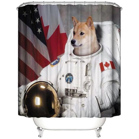 Rideau de douche amusant avec un adorable chiot, motif drapeau astronaute, pour salle de bain. Décoration facile d'entretien, imperméable et lavable en machine. Polyester durable.