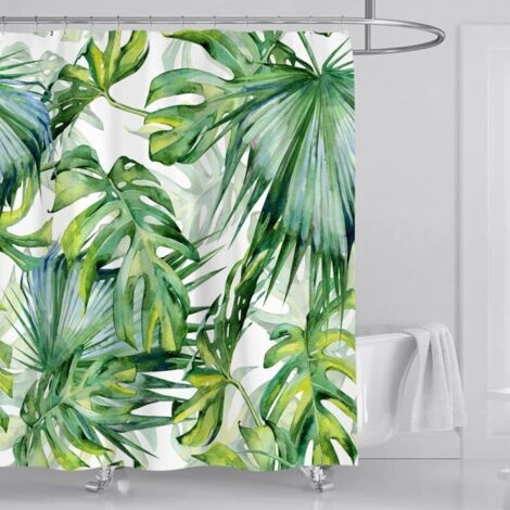 Rideau de douche anti-moisissure 120 x 180 cm, motif feuille de palmier verte, tissu résistant à l'eau, style tropical jungle botanique