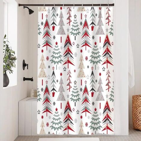 Rideau de douche anti-moisissure, 120 x 180 cm, rouge, Noël, forêt d'hiver abstraite sapin de Noël, tissu imperméable, avec 8 crochets.