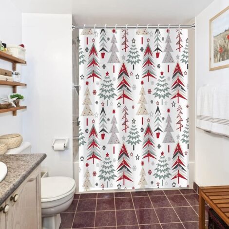 Rideau de douche anti-moisissure, 150 x 180 cm, rouge, Noël, forêt d'hiver abstraite sapin de Noël, tissu imperméable, avec 10 crochets.