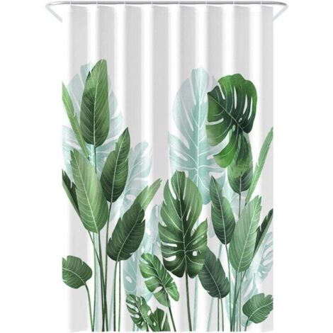 Rideau de Douche Anti-moisissure 150180 cm –Polyester – avec Anneaux – Rideaux de Douche - Shower Curtain - Motif Feuilles Tropicales - Tissu Lavable en Machine